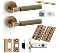 Loops Door Handle & Latch Pack - Antique Brass - Mitred Reeded Lined Lever On Round Rose