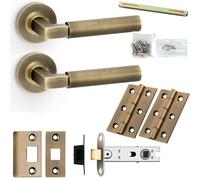 Loops Door Handle & Latch Pack - Antique Brass - Mitred Smooth Bar Lever On Round Rose