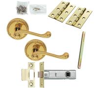 Door Handle & Latch Pack - Brass - Georgian Scroll Curved Screwless Round Rose | Complete Matching Set for 1x Interior Door - Handle, Hinges & Tubular Latch Strike Plate | Screws & Fixings Included