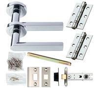 Door Handle & Latch Pack Chrome Modern Flat Square Bar on Screwless Round Rose
