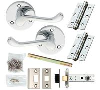 Loops Door Handle & Latch Pack Chrome Victorian Scroll Curved Lever 58mm Round Rose Loops Multicolor