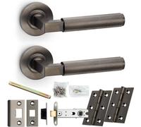 Loops Door Handle & Latch Pack - Dark Bronze - Mitred Reeded Lined Lever On Round Rose