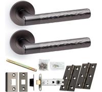 Loops Door Handle & Latch Pack - Dark Bronze - Modern Hammered Lever On Round Rose