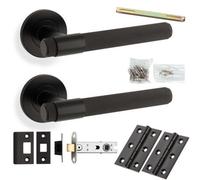 Loops Door Handle & Latch Pack - Mat Black - Modern Knurled Bar Lever On Round Rose