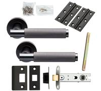 Loops Door Handle & Latch Pack Matt Black Knurled Round Lever Screwless Round Rose Loops Black