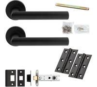 Loops Door Handle & Latch Pack - Matt Black - Mitred Round Bar Lever On Round Rose