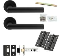 Loops Door Handle & Latch Pack - Matt Black - Mitred Round Bar Lever On Round Rose