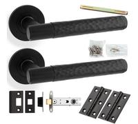 Loops Door Handle & Latch Pack - Matt Black - Modern Hammered Lever On Round Rose