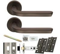 Loops Door Handle & Latch Pack - Matt Bronze - Art Deco Reeded Lever On Round Rose