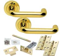 Loops Door Handle & Latch Pack - Polished Brass - Curved Round Bar Lever On Round Rose