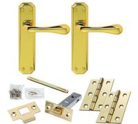 Loops Door Handle & Latch Pack - Polished Brass - Flared End Lever On Shaped Backplate