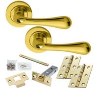 Loops Door Handle & Latch Pack - Polished Brass - Flared Short Bar Lever On Round Rose