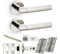 Loops Door Handle & Latch Pack - Polished Nickel Mitred Knurled Bar Lever On Round Rose