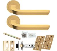 Loops Door Handle & Latch Pack - Satin Brass - Art Deco Reeded Lever On Round Rose