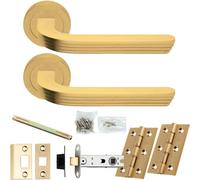 Loops Door Handle & Latch Pack - Satin Brass - Art Deco Reeded Lever On Round Rose