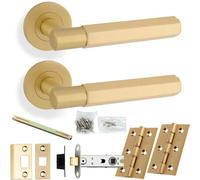 Loops Door Handle & Latch Pack - Satin Brass - Industrial Hex Lever On Round Rose