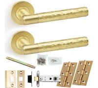 Loops Door Handle & Latch Pack - Satin Brass - Modern Hammered Lever On Round Rose