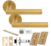 Loops Door Handle & Latch Pack - Satin Brass - Rounded Smooth Mitred Lever On Round Rose