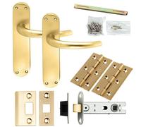 Loops Door Handle & Latch Pack Satin Brass Slim Round Bar Lever Curved Backplate