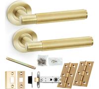 Loops Door Handle & Latch Pack - Satin Brass - Straight Reeded Lined Lever On Round Rose