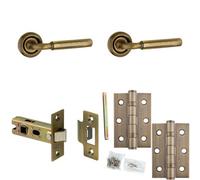 Loops Door Handle & Latch Set Antique Brass Bar Premium Rounded Lever Round Recessed On Rose