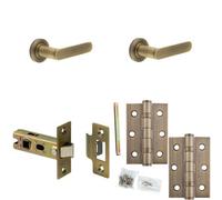 Loops Door Handle & Latch Set Antique Brass Flat Lever Round Reeded On Rose