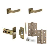 Loops Door Handle & Latch Set Antique Brass Flat Lever Square Stepped On Rose