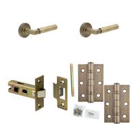 Loops Door Handle & Latch Set Antique Brass Mitred Premium Rounded Lever Round Plain On Rose