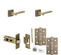 Loops Door Handle & Latch Set Antique Brass Slim Rounded Lever Square Plain On Rose