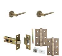 Loops Door Handle & Latch Set Antique Brass Slim Tapered Lever Round Stepped On Rose