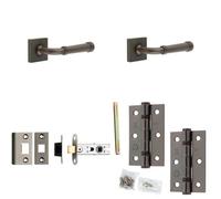 Loops Door Handle & Latch Set Dark Bronze Grooved Premium Rounded Lever Square Plain On Rose