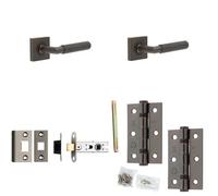 Loops Door Handle & Latch Set Dark Bronze Knurled Premium Rounded Lever Square Plain On Rose