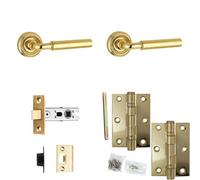 Loops Door Handle & Latch Set Polished Brass Premium Rounded Lever Round Recessed On Rose