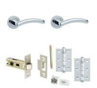 Loops Door Handle & Latch Set Polished Chrome Curved Premium Rounded Lever Round Plain On Rose