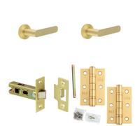 Loops Door Handle & Latch Set Satin Brass Flat Lever Round Knurled On Rose