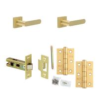 Loops Door Handle & Latch Set Satin Brass Flat Lever Square Plain On Rose