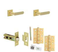 Loops Door Handle & Latch Set Satin Brass Flat Lever Square Stepped On Rose