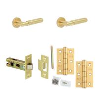 Loops Door Handle & Latch Set Satin Brass Fluted Lever Round Plain On Rose