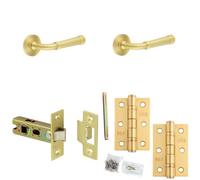 Loops Door Handle & Latch Set Satin Brass Grooved Premium Rounded Lever Round Reeded On Rose