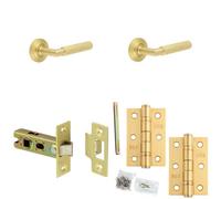 Loops Door Handle & Latch Set Satin Brass Knurled Premium Rounded Lever Round Chamfered On Rose