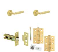 Loops Door Handle & Latch Set - Satin Brass Knurled Premium Rounded Lever Round Plain On Rose