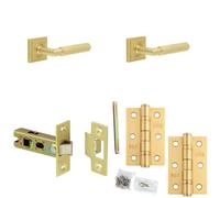 Loops Door Handle & Latch Set Satin Brass Knurled Premium Rounded Lever Square Stepped On Rose