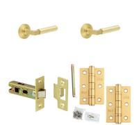 Loops Door Handle & Latch Set Satin Brass Mitred Premium Rounded Lever Round Chamfered On Rose