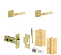 Loops Door Handle & Latch Set Satin Brass Mitred Premium Rounded Lever Square Plain On Rose