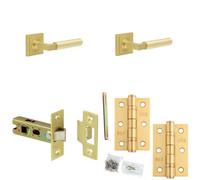 Loops Door Handle & Latch Set Satin Brass Mitred Premium Rounded Lever Square Stepped On Rose
