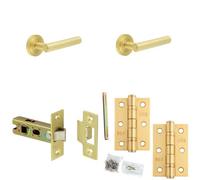 Loops Door Handle & Latch Set Satin Brass Premium Rounded Lever Round Stepped On Rose