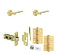 Loops Door Handle & Latch Set Satin Brass Slim Rounded Lever Round Chamfered On Rose