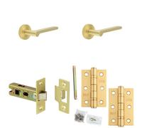 Loops Door Handle & Latch Set Satin Brass Slim Rounded Lever Round Knurled On Rose