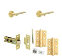 Loops Door Handle & Latch Set - Satin Brass Slim Rounded Lever Round Plain On Rose