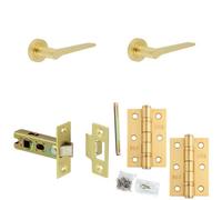 Loops Door Handle & Latch Set Satin Brass Slim Rounded Lever Round Plain On Rose
